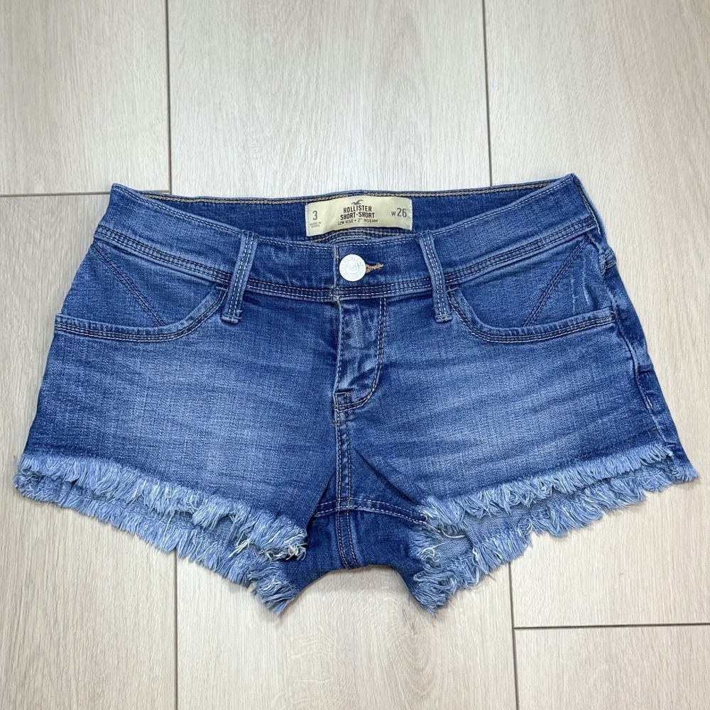VTG Y2K Hollister Short-Short Low Rise Denim Shorts W26 Blue Raw Hem Festival